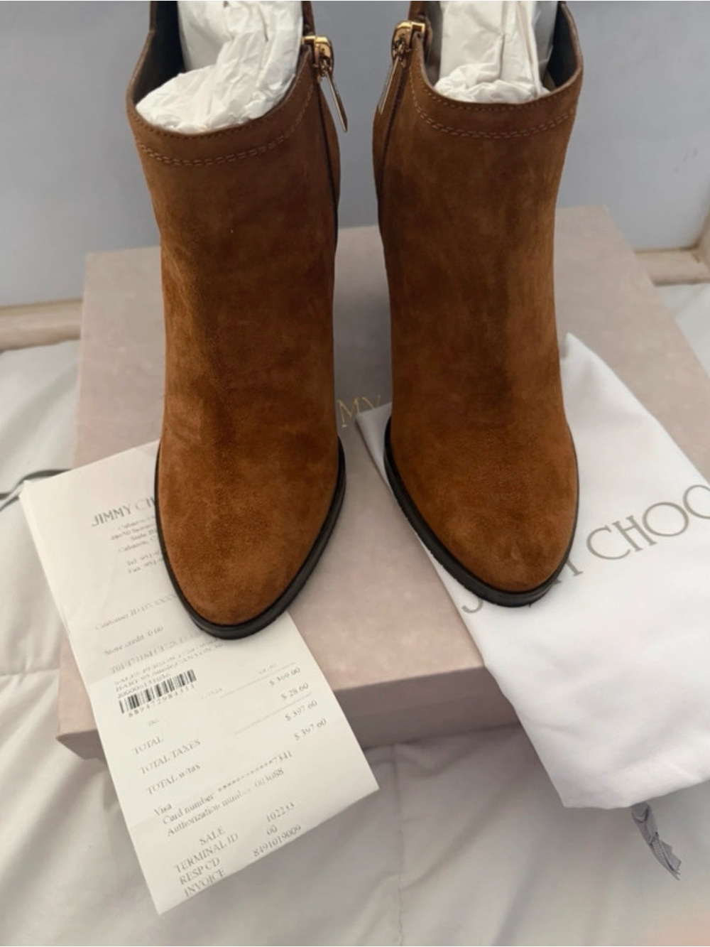 Jimmy Choo Tan Suede Ankle Booties with Gold Zipper